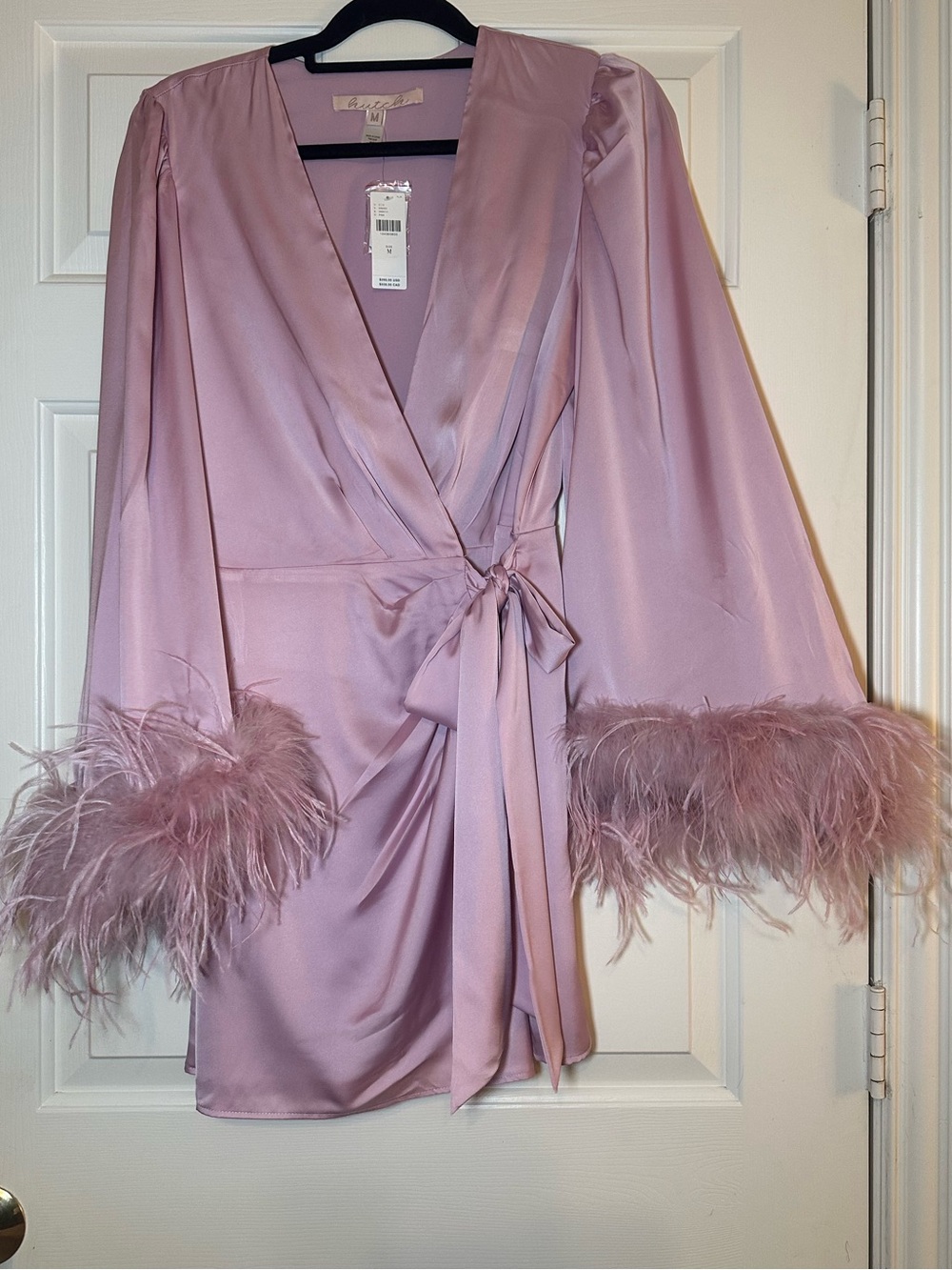 Hutch Pink Satin Faux Feather Wrap Mini Dress Size M NWT - Picture 2 of 16